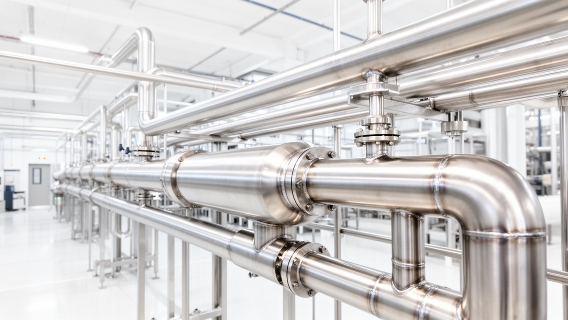 Polished stainless steel piping assembly in modern facility
